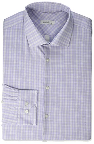 Perry Ellis Men's Slim Fit Spread Collar Dress Shirt, Light Purple Plaid, 16.5 34/35