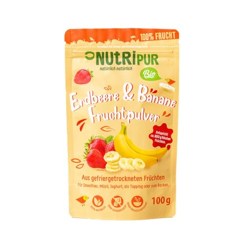NutriPur BIO Erdbeere & Banane Fruchtpulver: 100g Fruchtpulver gefriergetrocknet und fein gemahlen – Getrocknete Früchte ohne Zucker Zusatz – Erdbeeren & Bananen Pulver - Gefriergetrocknete Früchte