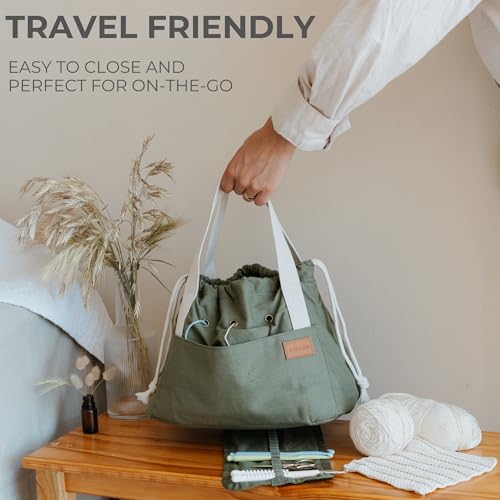 stylish crochet bag organizer easily organizes your yarn - durable canvas bag w 8 pockets stores plenty of yarn skeins amp crocheting suppliesaccessories - perfect basket for gifting to knitting fans