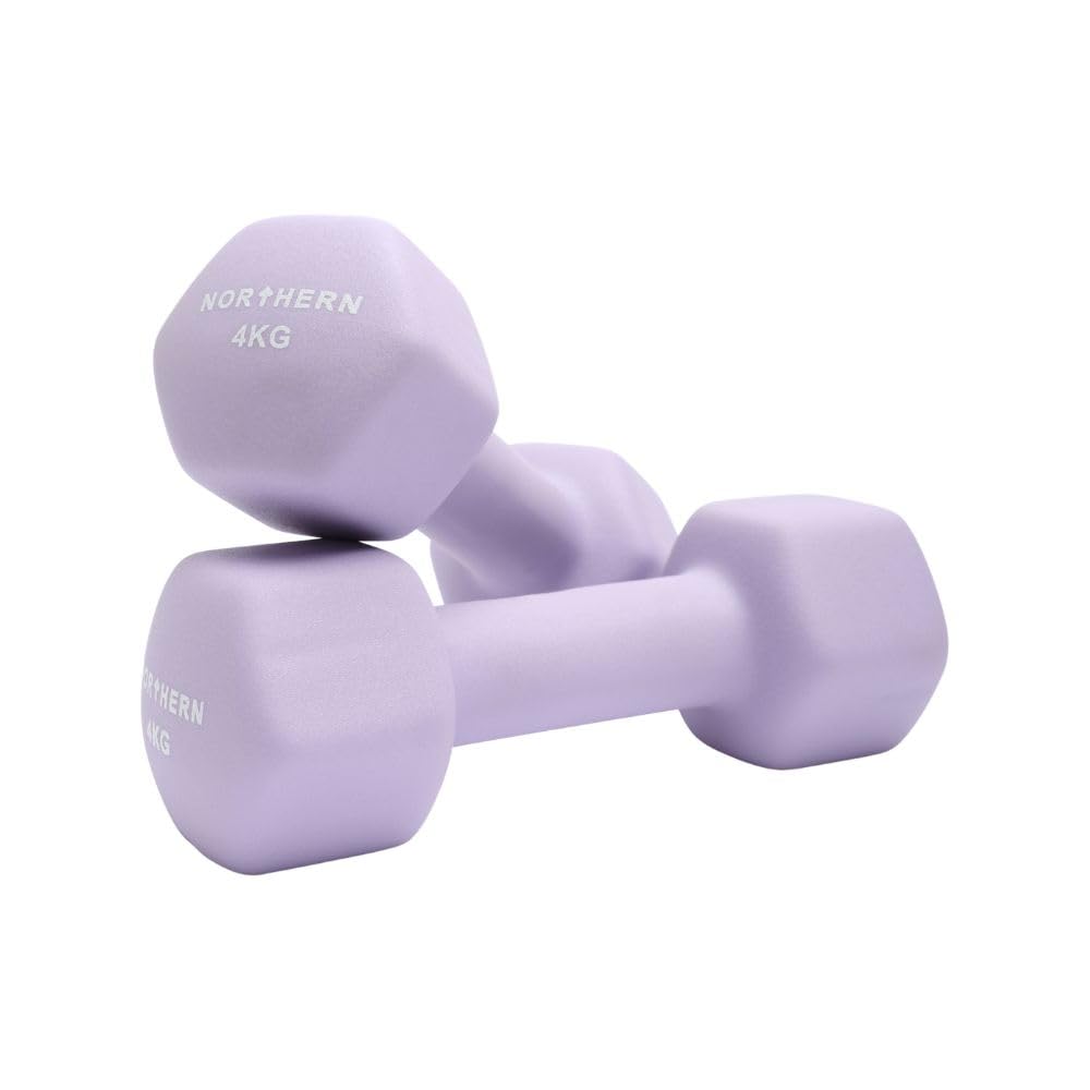 Northern Soft Lavender Neoprene Hex Dumbbells Pair, 1kg–8kg Hand Weights for Home Gym Strength Training, Non-Slip Hexagonal Dumbbells for Fitness, Aerobics, Yoga & Toning (4kg x 2)