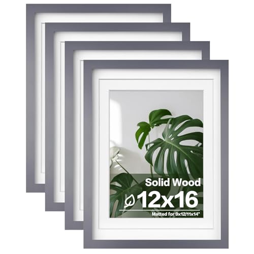 Egofine 12x16 Picture Frames with Plexiglass, Display Pictures 9x12/11x14 with Mat or 12x16 Without Mat Set of 4 for Wall Mounting,Dark Grey