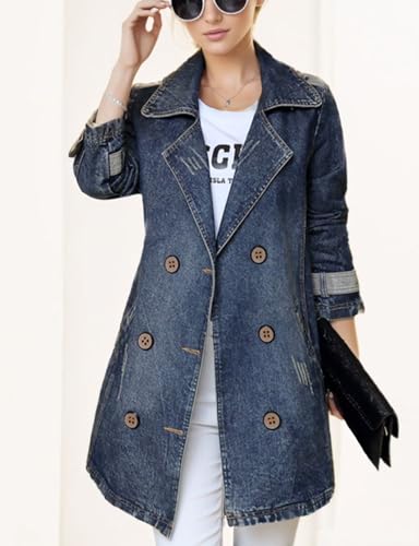 Kwoki Women's Mid Long Denim Trench Coat Casual Slim Double Breasted Distressed Ripped Jean Jacket with Pockets2