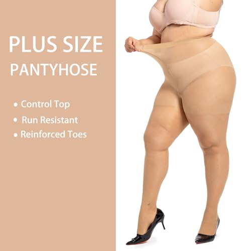 Plus Size Pantyhose 2-Pack - 20D Ultra Sheer Control Top Tights for Women Reinforced Toe & Waistband4