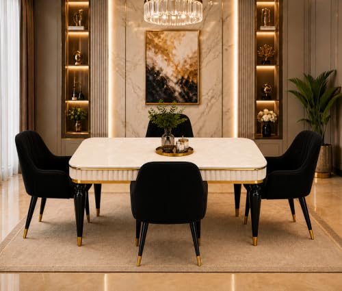 Image of 4 Seater Dining Table Set with Nano Composite Marble Top, Solid Wood Base & 4 Upholstered Chairs, Modern Dining Table Set for Home & Dining Room Furniture (Black, White Marble Top, 4 Seater)