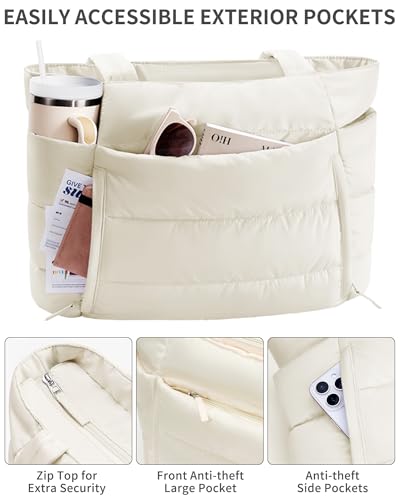 Image of Bagstellar Puffer Tote Bag for Women, Lightweight Puffy Work Handbag Teacher Nurse Quilted Shoulder Bag for School Travel Gym | Cloud Bag w / Zipper