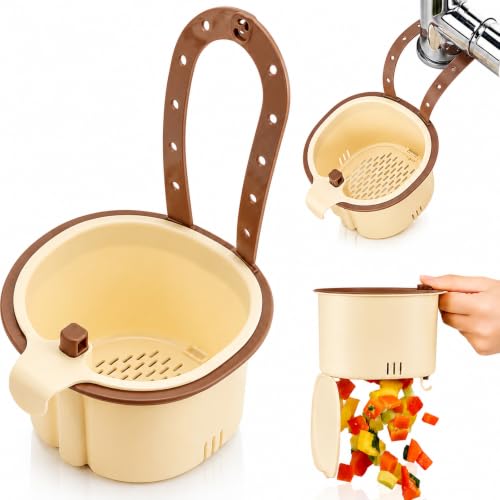 Hanging Sink Drain Basket Faucet Mount Sink Strainer with Self-Cleaning Dump Design for Food Scraps Fruit Rinsing Sponge Storage & Kitchen Use (Brown)