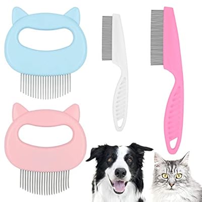 Cat Massage Comb, WOVTE Pet Cat Dog Steel 2pcs Hair Grooming Shedding Cleaning Brush 2pcs Cat Lice Flea Combs Prevents Knots and Mats Fine Tooth Comb for Long and Short Haire