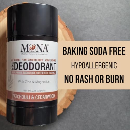 Image of All Natural Deodorant for Men Aluminum Free | Hypoallergenic Men's Deodrant, Magnesium Deodorant for Sensitive Skin | Absorbs Sweat | Won't stain clothes | By MONA Brands (Patchouli Cedarwood 2.65 Oz)