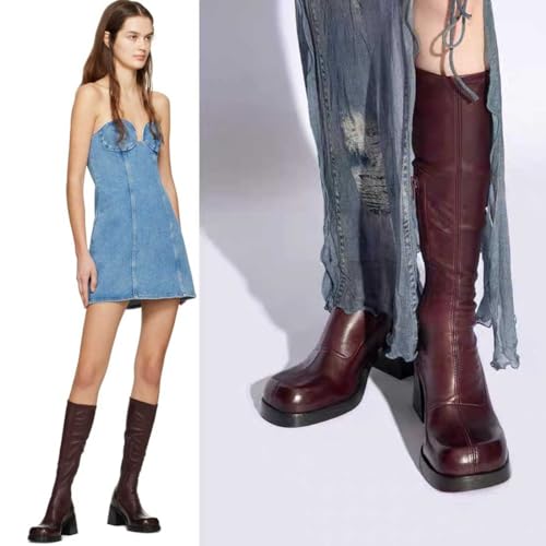 FIFSY Women's Chunky Knee High Boots Platform Boots for Women Square Toe Chunky Block Heeled Tall Boots3