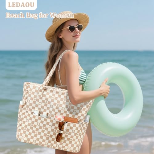 Image of LEDAOU Large Beach Bag Women Waterproof Sandproof Zipper Beach Tote Pool Bag for Swim Gym Grocery Travel with Wet Pocket
