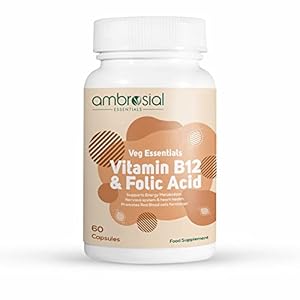 Ambrosial Vitamin B12 1000 mcg + 500 mcg Folic Acid | 1500 mcg 60 Veg Capsules | Folic Acid | Reduction of Tiredness…