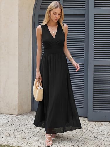 Image of ANRABESS Women's Floral Tulle Wedding Guest Maxi Dress | V Neck Sleeveless,A-Line Elastic Waist,Casual Flowy Formal Boho,Bridal Shower Garden Party Beach Vacation,Summer Fall