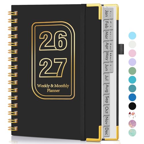 Planner 2026-2027, 18 Months Weekly and Monthly Hardcover Planner, January 2026 - June 2027, 5.75" x 8.38" A5 Daily Calendar Planner Book with Tabs, Spiral Yearly Agenda Organizer Notebook for School Work Home, Black