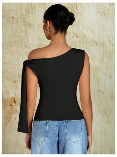 Milumia Women's Ruched One Off The Shoulder Tank Tops Asymmetrical Neck Tie Shoulder Going Out Top2