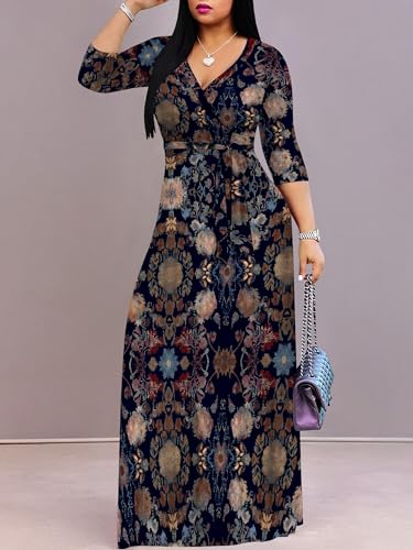 Image of Women's V Neck Floral Maxi Dress 3 /4 Sleeve Plus Size Boho Wrap Flowy Long Dresses with Belt