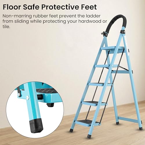 Image of Teal Blue 5 Step Ladder for Home Use with Built-in Tool Tray | Heavy Duty D Shape Rods | Ultra Large Platform | Wide Rubber Feet | 150Kg Capacity Foldable Ladder - 7 Years Warranty