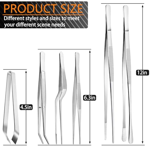 6 Pcs Fine Tweezer Tongs, 12'' and 6.3" Stainless Steel Food Tweezers Set, Professional Kitchen Long Tweezer for Cooking, Baking, Decorating, BBQ, Pet Feeding