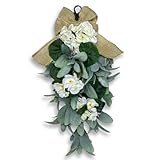 Lambs Ear Teardrop Swag Wreath 18.8” – Artificial Greenery Door Hanging for Spring & Summer Vibes, Rustic Farmhouse Wall Decor for All-Season Use, Home, Wedding, or Gift