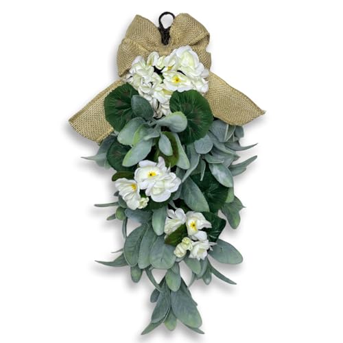 Lambs Ear Teardrop Swag Wreath 18.8” – Artificial Greenery Door Hanging for Spring & Summer Vibes, Rustic Farmhouse Wall Decor for All-Season Use, Home, Wedding, or Gift