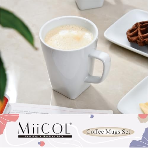 Miicol 14-SQUARE Porcelain Coffee Mugs Set Of 6, Large Coffee Cups 14 Oz, White Tea Cups, Ceramic Mugs For Latte, Cappuccino, Milk, Cocoa, Square Bottom thumb #1