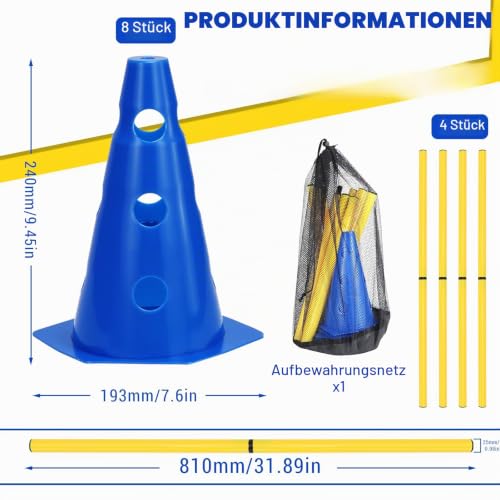 BHHTBB Agility Set Hunde Hürden Steckhürdenset Kinder, Hindernisse für Kinder Hunde Parcour zum Springen, Cavaletti Hund, 8 Kegel 23cm Höhe + 8 Stangen 80cm lang, für Trainingsübungen