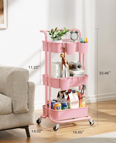 Image of Pipishell 3 Tier Rolling Cart with Wheels - Craft Storage Cart with 3 Hanging Cups & 4 Hooks - Mobile Art Carts Organizer for Office, Kitchen, Craft Room, Bedroom, Bathroom, Laundry Room (Pink)