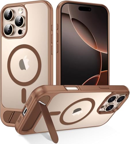 Image of Elzzi Magnetic Cover Compatible For iPhone 16 Pro Max Case with Adjustable Metal Kickstand, Compatible with Mag-Safe Translucent Matte Protective Phone Shockproof Case, Desert Titanium