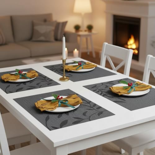 Image of YELONA Dining Table Placemats Set of 4 - Heat-Resistant, Non-Slip, Washable & Stain Resistant Woven PVC Vinyl Table Mats for Kitchen & Dining - 45 x 30 cm, Black