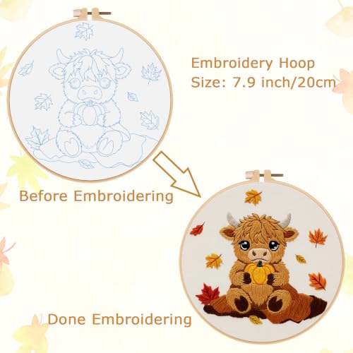 Image of Louise Maelys Highland Cow Embroidery Kit for Beginners(Autumn