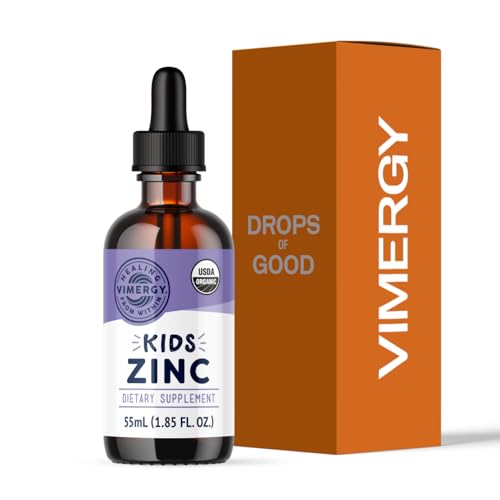 Image of VIMERGY Kids USDA Organic Liquid Zinc Sulfate - for Children & Adolescence 1-18 Years Old, Fast-Absorbing Immune Support* - Promotes Healthy Bones, Hair & Skin, Vegan, Non-GMO - 55 mL