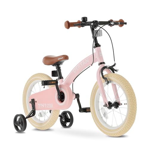 Deryan Vélo pour Enfant 14 Pouces | Draisienne 3 en 1 | Vélo avec Selle et Guidon réglables | Vélo Enfant pour garçons et Filles | Rose