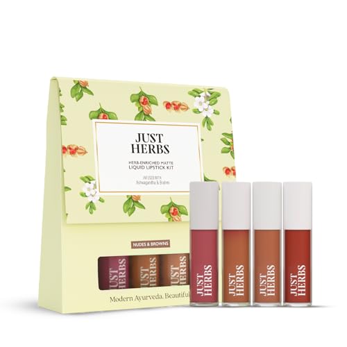 Just Herbs Herb Enriched Matte Liquid Lipstick | Set of 4 | Ayurvedic Lipstick for Women | Hydrating & Lightweight | Long Lasting (Nudes & Browns)