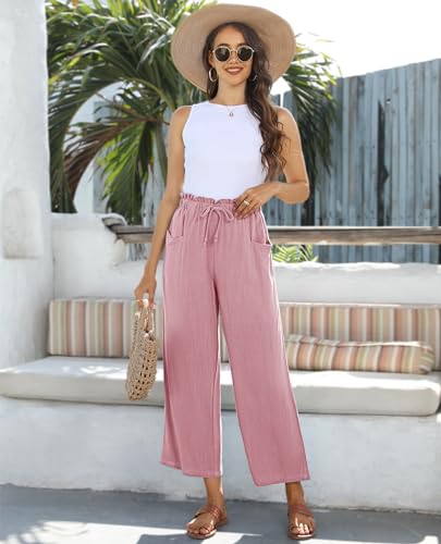 Image of siliteelon Wide Leg Linen Pants for Women Summer Capri Palazzo Flowy Pants Casual Loose High Waist Trousers with Pockets