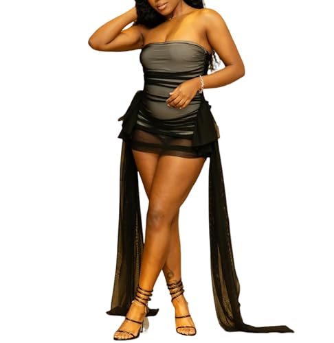Image of Vssjavun Women Sexy Tube Mini Dress Mesh Strapless Backless Ruffle Bodycon Short Dresses for Birthday Party Club