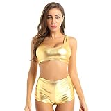 Agoky Damen Metallic BH Oberteil + Hot Pants Kurze Hose Bikini Tankini Set Zweiteiler Sportanzug Fitness Sport Gym Outfit Gold S