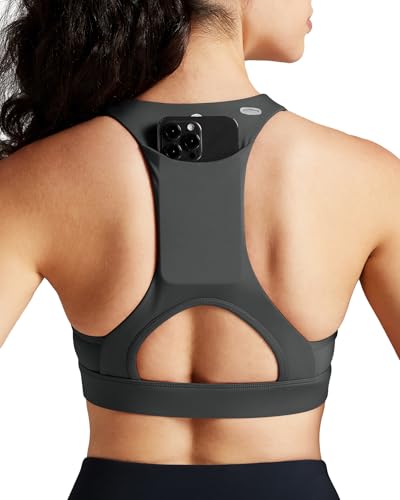 Image of QUEENIEKE BareFlow Women's Sports Bras with Phone Pocket Medium Impact Padded Racerback Workout Gym Crop Top Running Yoga Bra