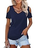 Amoretu Women's Cold Shoulder Criss Cross Shirts V Neck Curved Hem Tops 2024（Navy Blue,XL