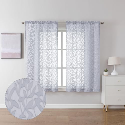 Lecloud Leia Light Grey Semi Sheer Curtains 45 Inch Length 2 Panels, Jacquard Textured Balance Light & Privacy Leaf Voile Curtains for Living Room, Dual Rod Pockets Bedroom Drapes, 40 W x 45 L