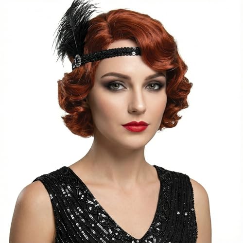 Perruque courte rouge des années 1920 pour femme aux cheveux synthétiques ondulés