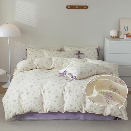 Purple Duvet Cover Set Full 3 Pieces Lavender Floral Duvet Cover with Zipper Closure,Cottagecore Bedding Set 100% Cotton Vintage Country Comforter Cover for Teens Girls without Filling-80"x90"