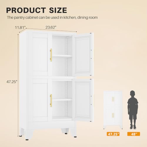 Image of winiowa 47 inch Tall Kitchen Pantry Cabinet, Metal Storage Cabinet with Doors and Adjustable Shelves, White Freestanding Pantry Cabinet for Kitchen, Dining Room, Living Room, Laundry Room, Bathroom