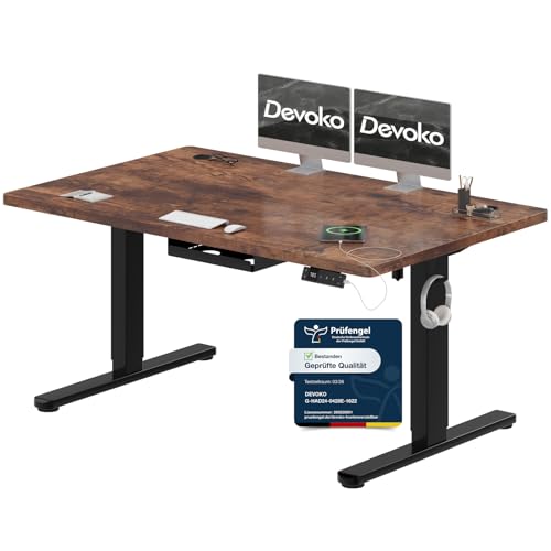 Devoko Höhenverstellbarer Schreibtisch 140x80cm mit Typ-C Ladeanschluss, Schreibtisch Höhenverstellbar Elektrisch 140cm mit Kabel Management Tray, Mobiler Elektrisch Computertisch, Vintage-Braun