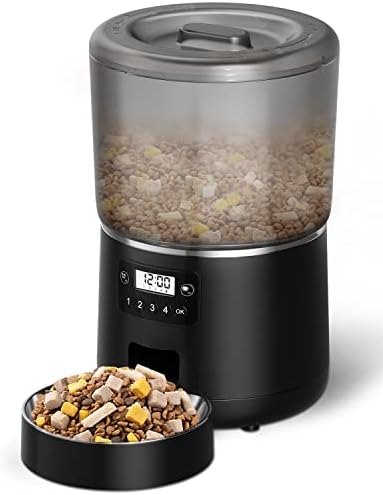 Automatic Pet Feeder, 4L Pets Food Dispenser for Dry Food, Smart Programmable Dog Food Dispenser with Timer and Stainless Stain Bowl, Cat Feeder Station for Dogs, Cats, Multiple Pets, Black