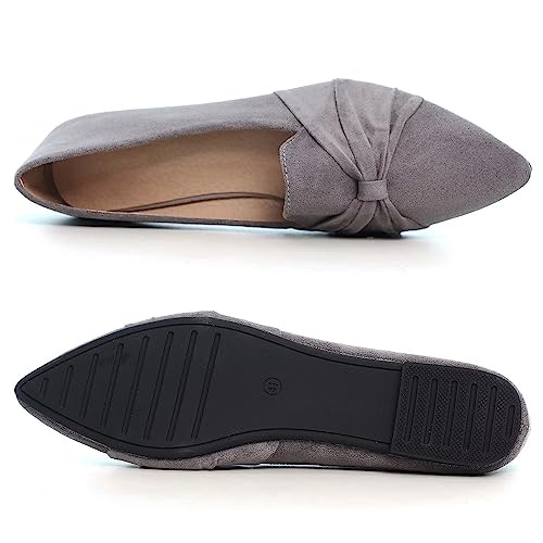 Hee grand Bowknot Pointed Toe Ballet Flats for Women Comfort Slip-On Loafers Walking Flats Suede Dressy Shoes4