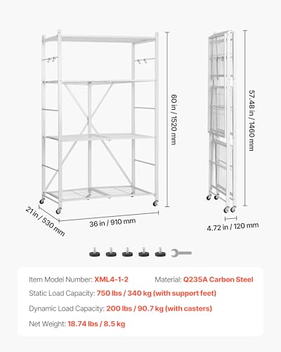 Image of VEVOR 4-Tier Foldable Storage Shelf, 36W x 21D x 60 H Inch Folding Metal Rack Shelving Unit, No Assembly Organizer Shelf with 5 Wheels & 4 Hooks for Pantry, Kitchen, Garage, Basement, White