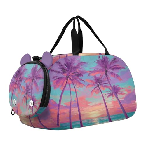Tropical Palm Sunset Purple Kids Travel Duffel Bag for Boys Girls Overnight Weekend Tote Bag with Shoes Compartment for Sleepover Trip Beach
