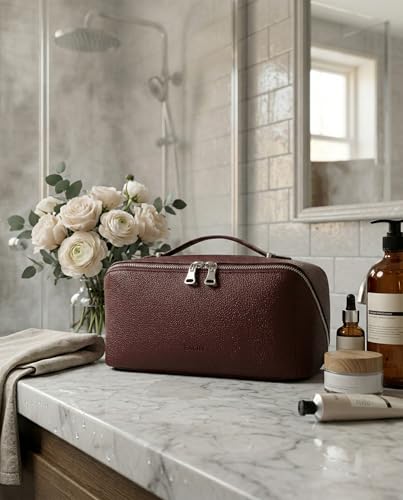 Image of EACHY Travel Makeup Bag, Lychee Leather Large Capacity Cosmetic Bag for Women, Open Flat Toiletry Bag with TPU Brush Compartment, Waterproof Skincare Organizer Travel Essentials