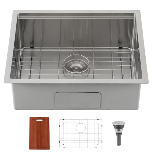 Image of 24 Inch Undermount Kitchen Sink, Workstation Single Bowl 24 x 19 Inch 16 Gauge Stainless Steel Under Counter Sink for Small Apartment Prep Kitchen, Laundry, Utility & RV with Cutting Board
