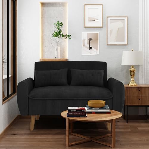 Image of Shintenchi 48'' Loveseat Sofa, Mid-Century Modern Upholstered Couch Deep Seat with 2 Pillows, 10 inch Thick Cushion with Spring, Solid Wood Frame Small Couch for Living Room, Dorms & Office, Black