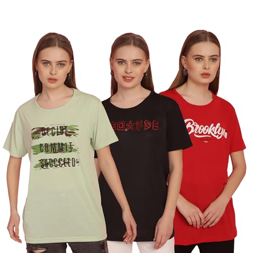 Image of Mack Jonney Printed Round Neck Cotton Regular Fit Half Sleeves Tshirt for Women(Pack of 3)-MACK631353